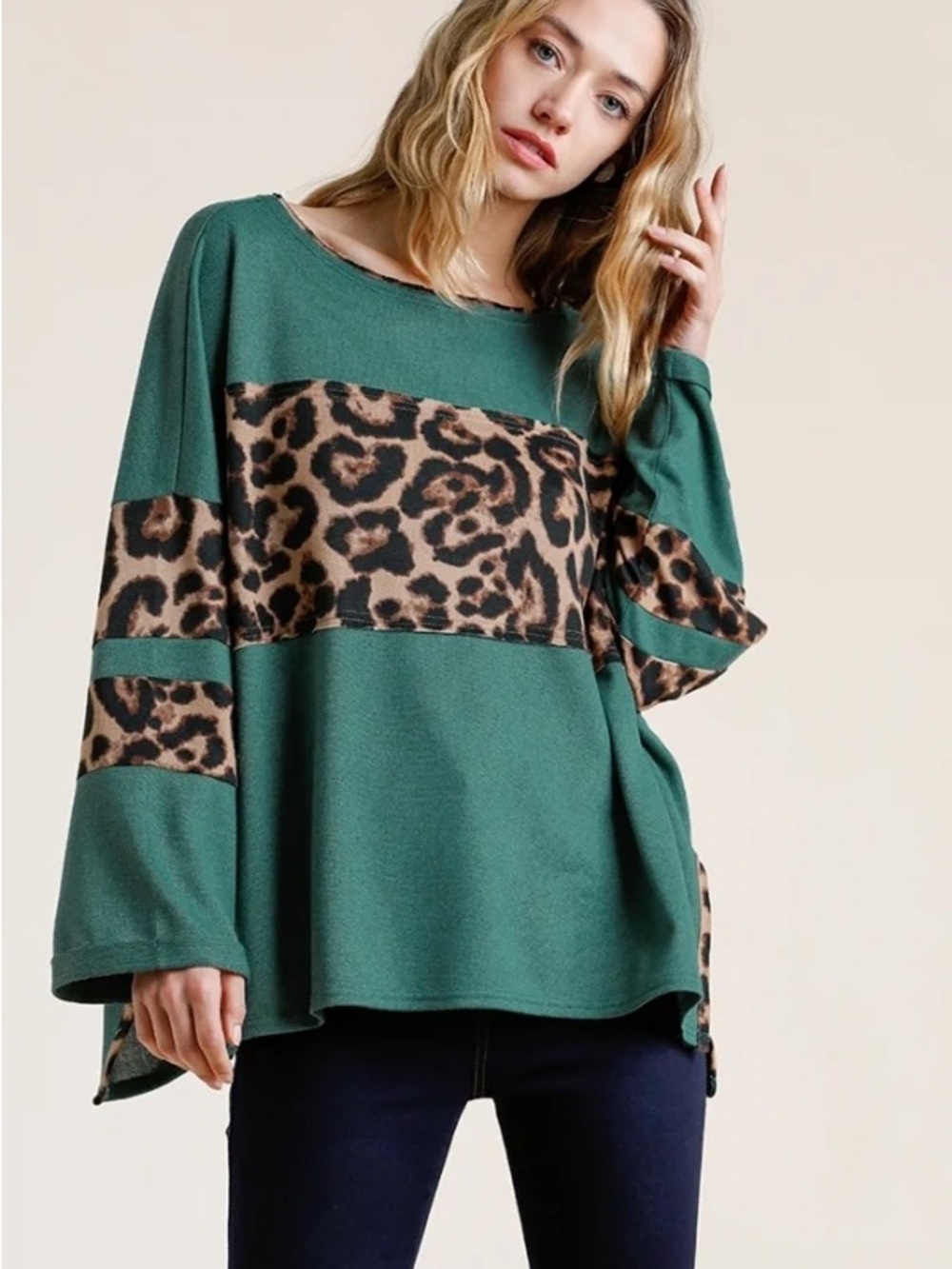 Umgee USA Small Relaxed Oversized Green Leopard Trim Top Fall Fashion